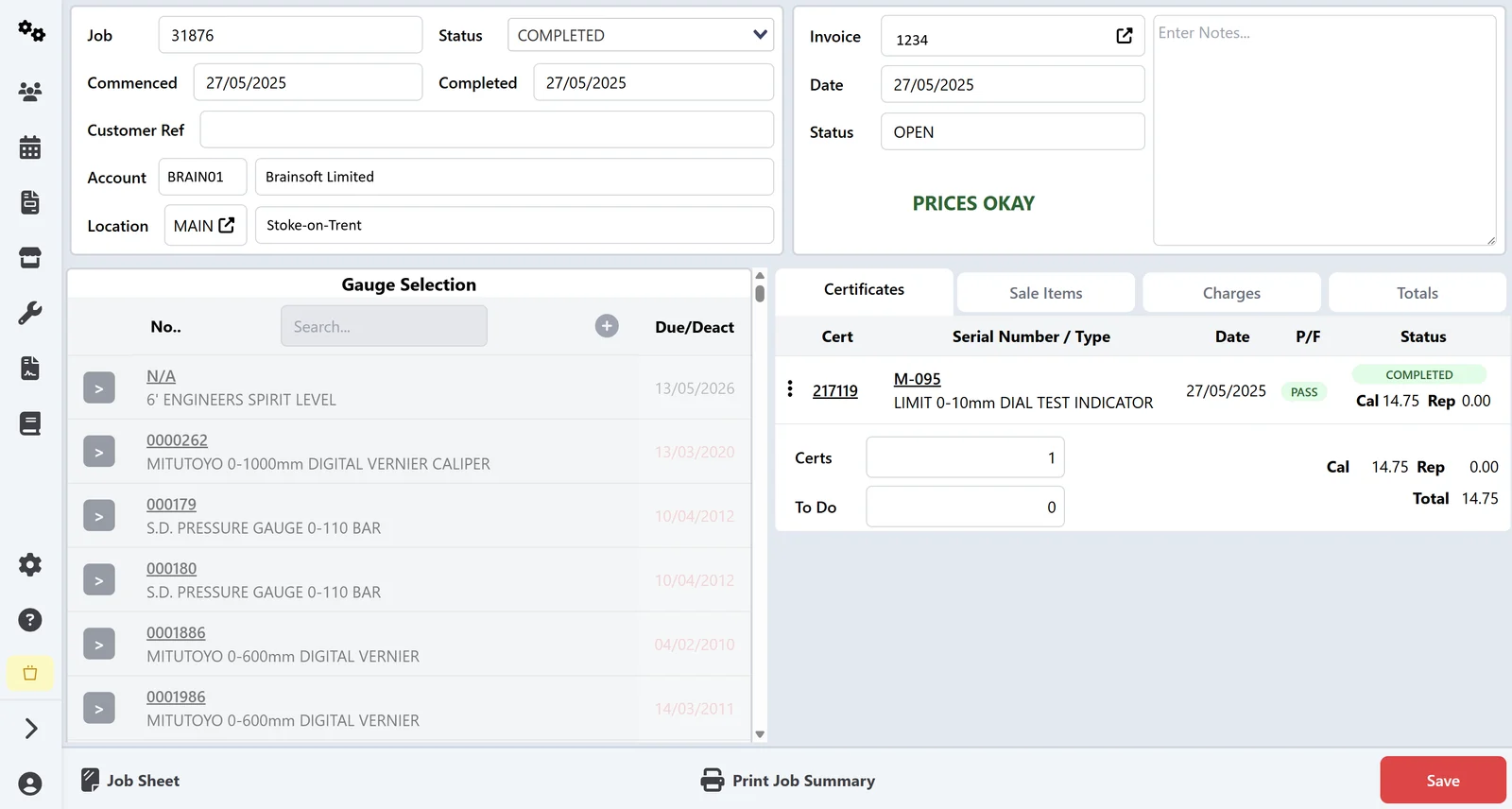 Torque Fast web application showing calibration job management